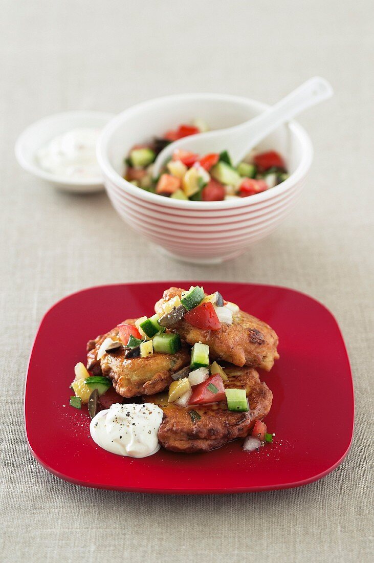 Chickpea Fritters with Tomato & Olive Salsa