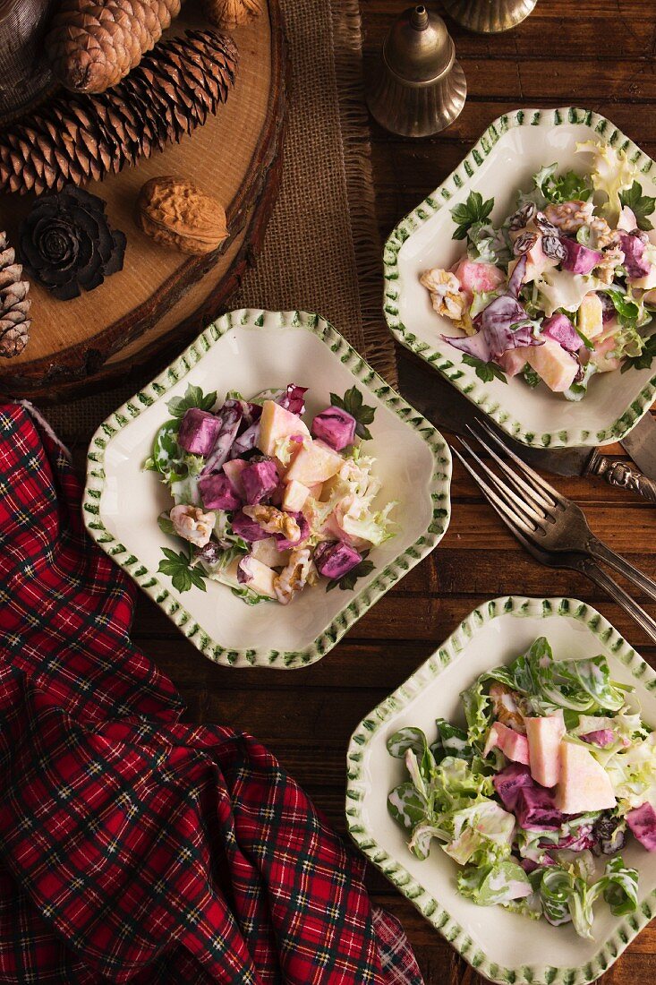 Christmas salad with potatoes and beetroot (seen from above)