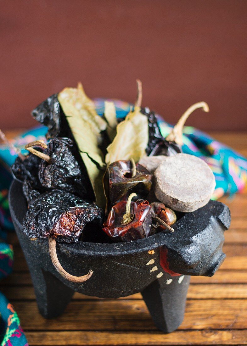 Mexican ingredients in a molcajete (mortar)