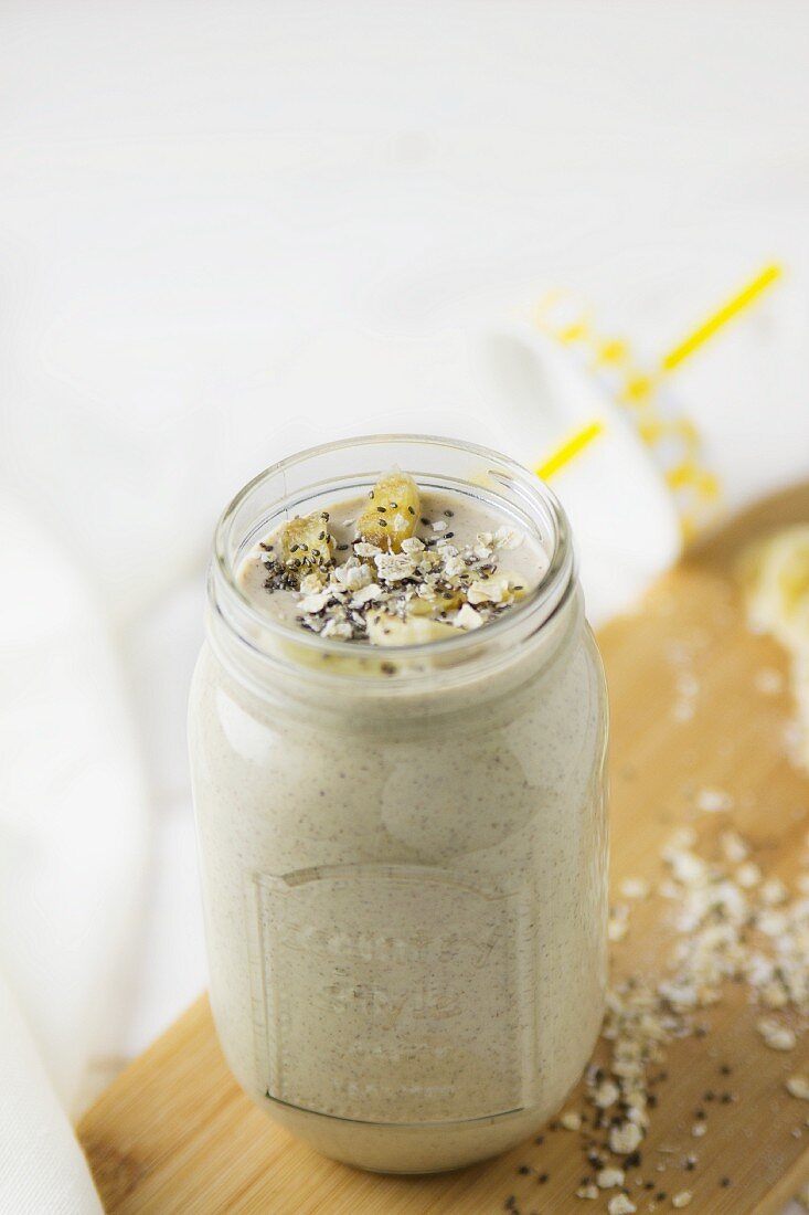 A banana smoothie with oats and chia seeds