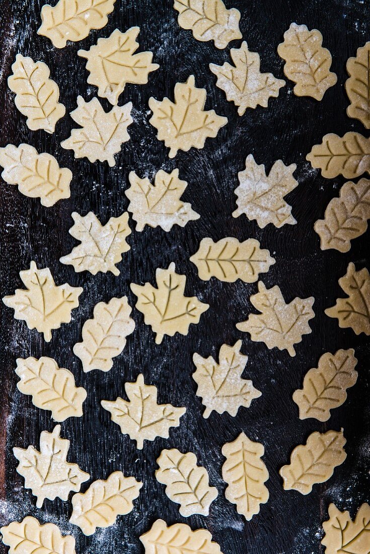 Leaf-shaped biscuits on a baking tray (raw)
