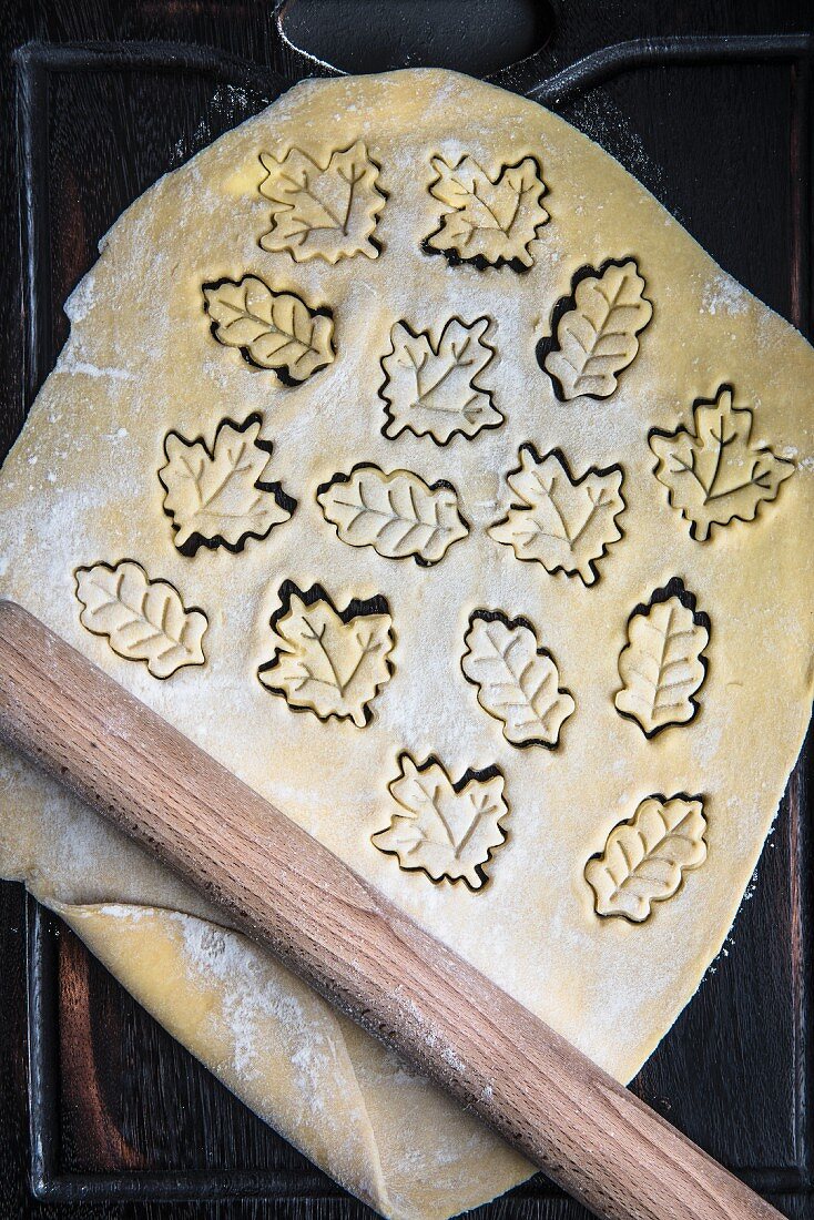 Rolled out biscuit dough with leaf-shaped biscuits cut out of it