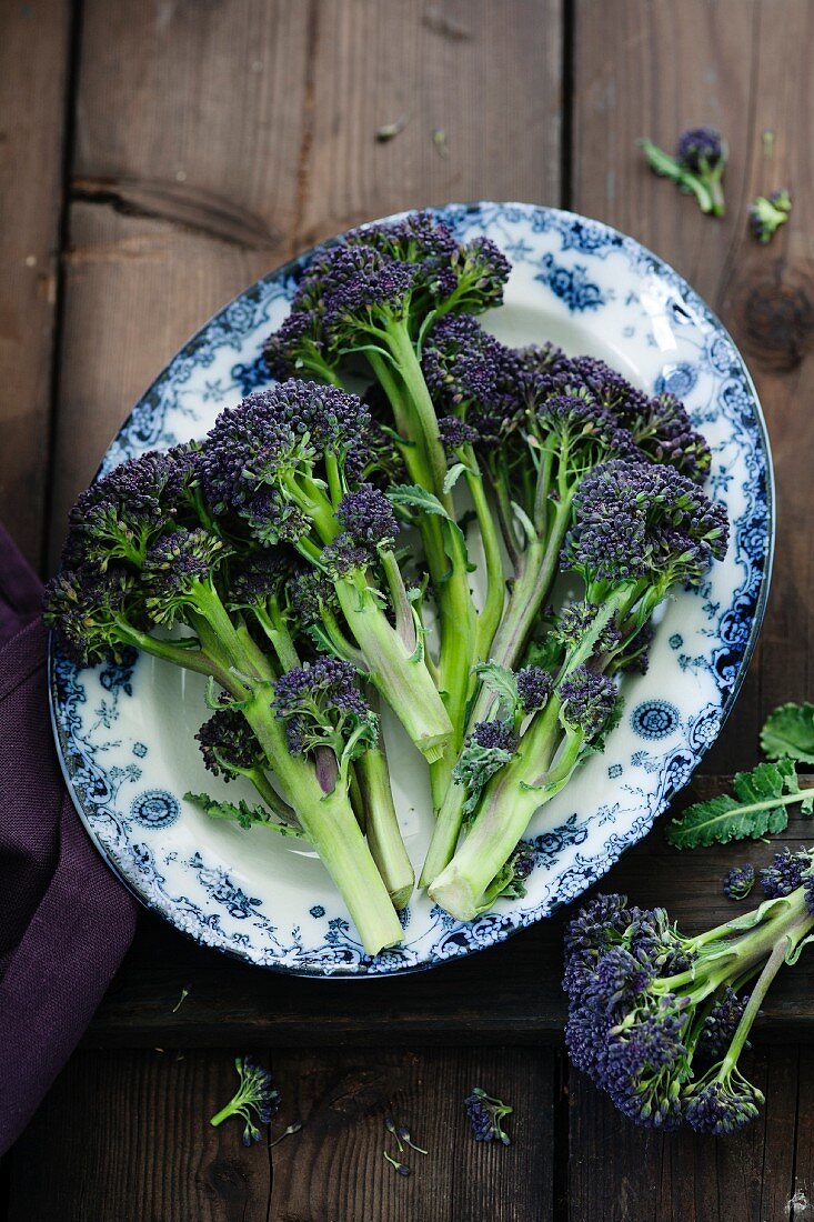 Purple broccoli on a plate