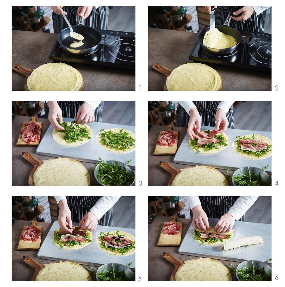 Crêpes filled with ham and rocket being made