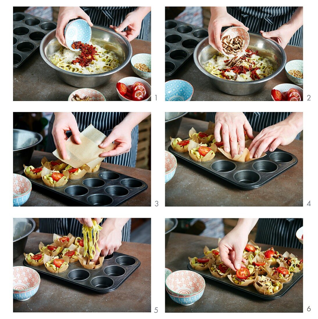 Pasta nests with tomatoes being made in a muffin tin