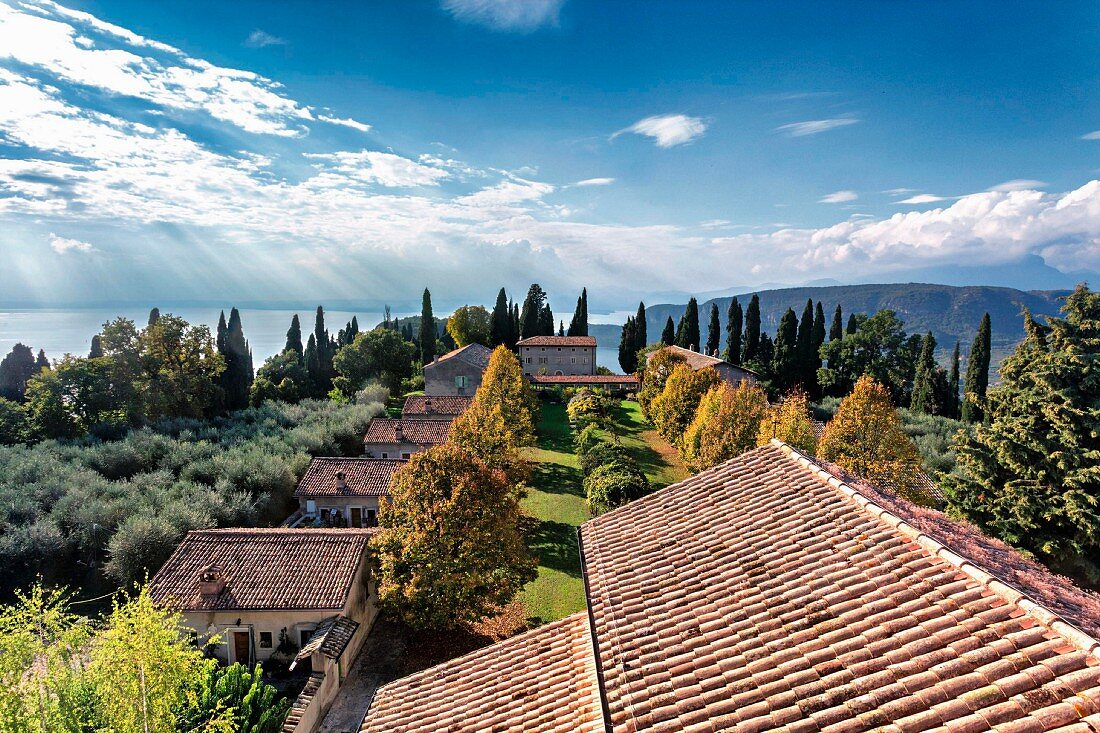 A view from the bell tower of the residential units of the monastery, Eremo di San Giorgio, Lake Garda, Italy