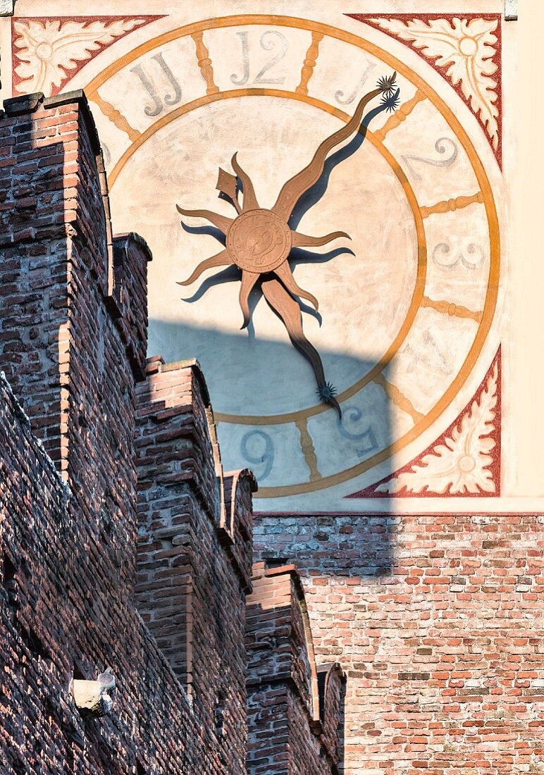 The tower clock at Castelveccio, Verona, Veneto, Italy