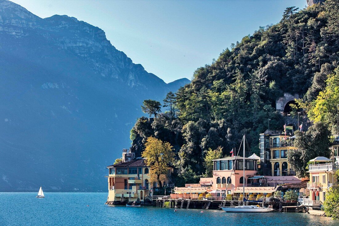 A view from the western bank promenade below Via Giacomo Cis on the Ponale looking South, Riva del Garda, Riva, Lake Garda, Italy