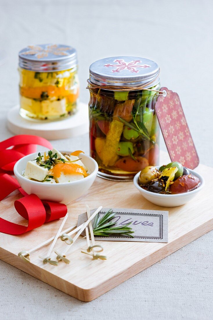 Pickled olives and feta cheese with lemons and herbs