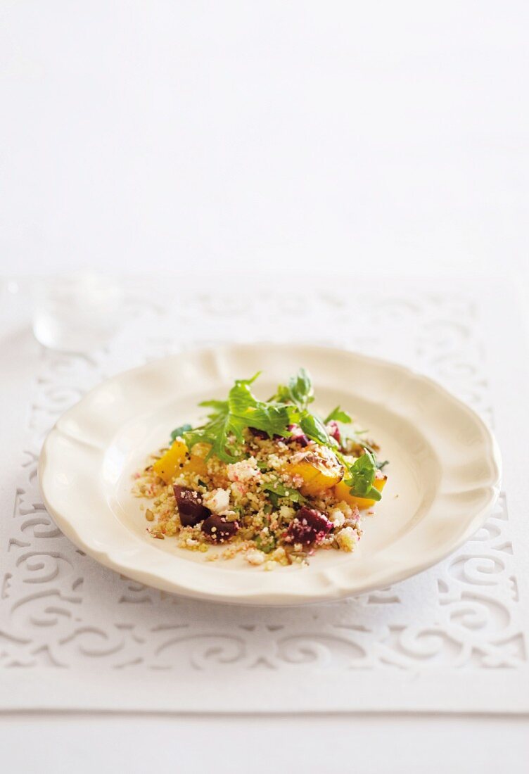 Winter salad with couscous, pumpkin, beetroot and feta cheese