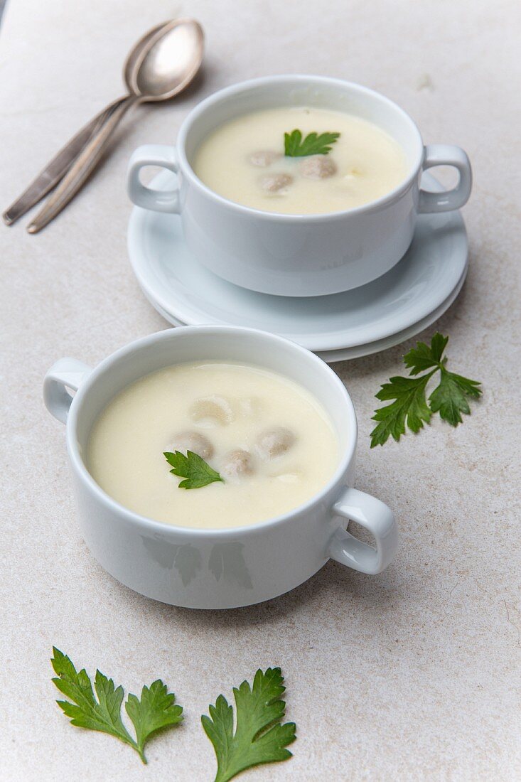 Cream of asparagus soup with meat dumplings
