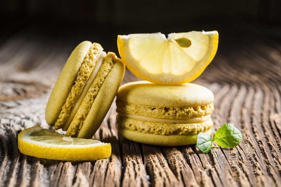 Lemon macaroons on a wooden table