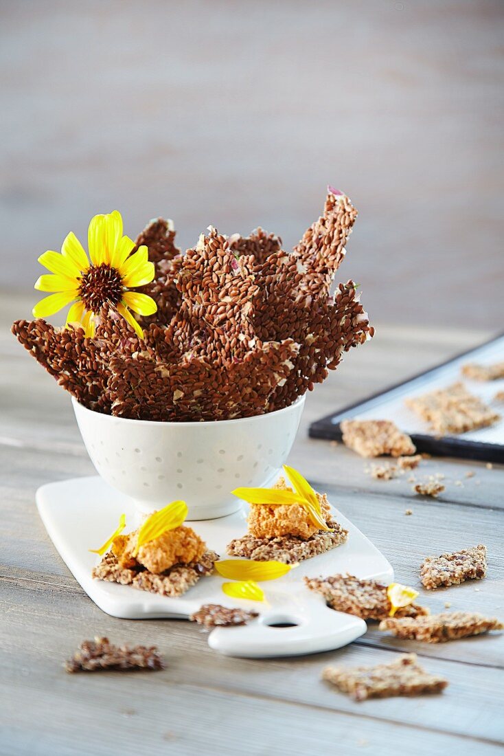 Flaxseed crackers with flower petals