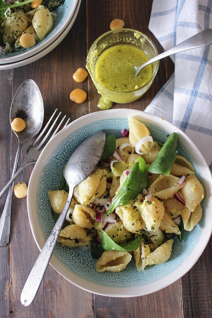 Conchiglie with lupin and almond pesto and red onions