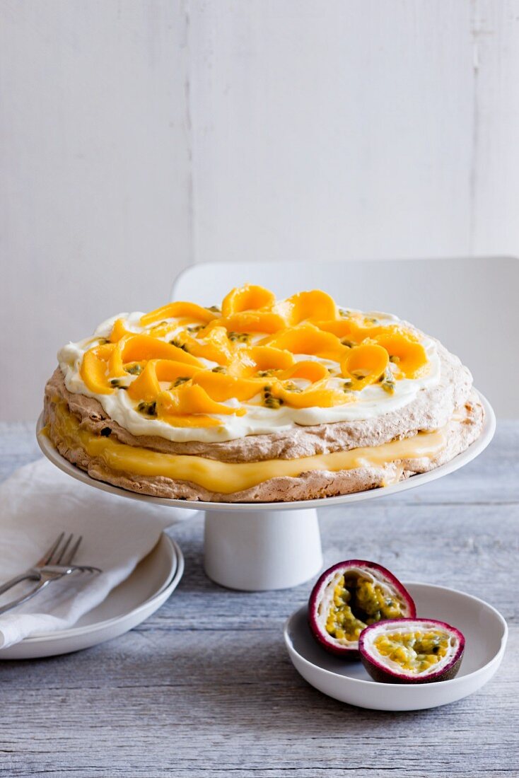 Mango Pavlova with passion fruit