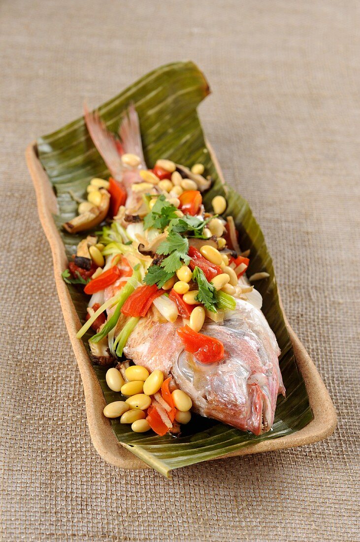 Oriental style gilthead sea bream with soya beans