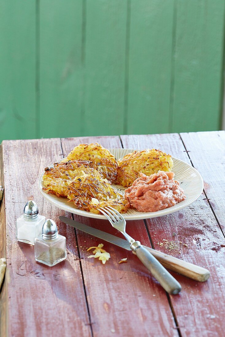 Potato fritters with rhubarb purée