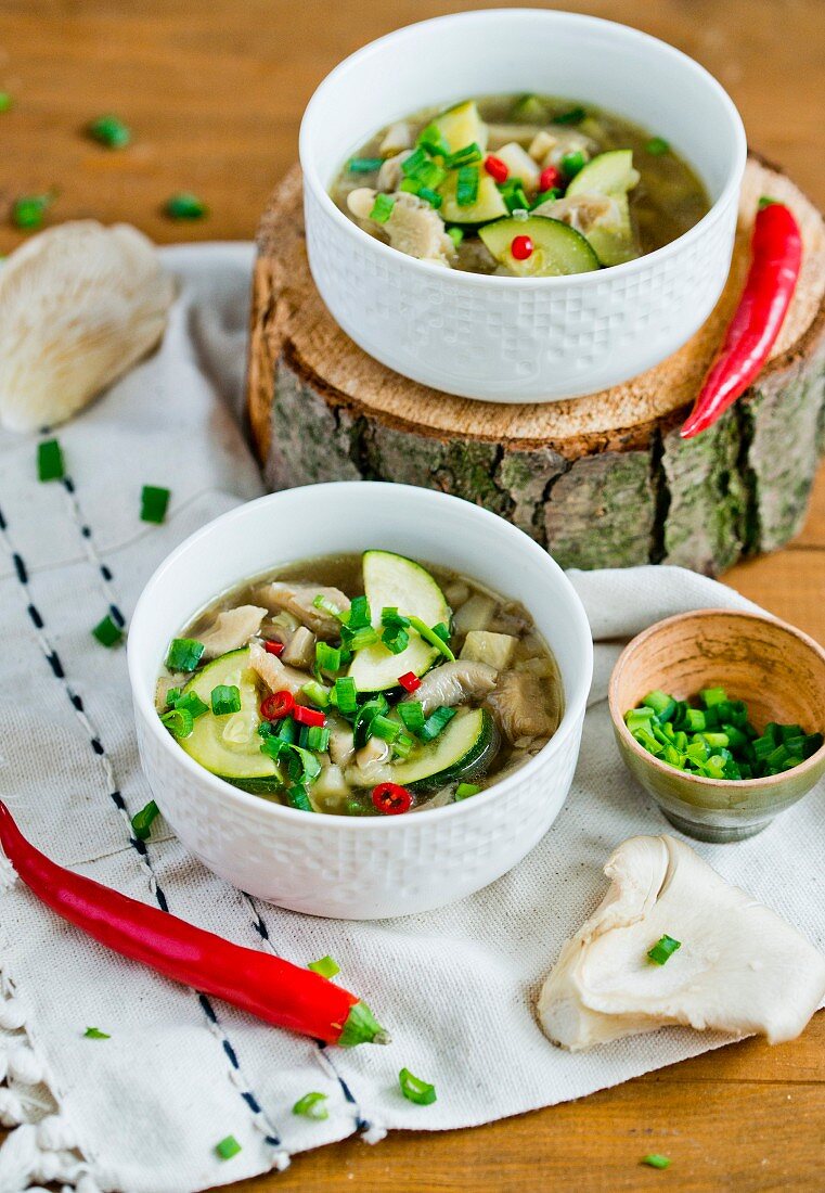 Soup with oyster mushrooms and courgette