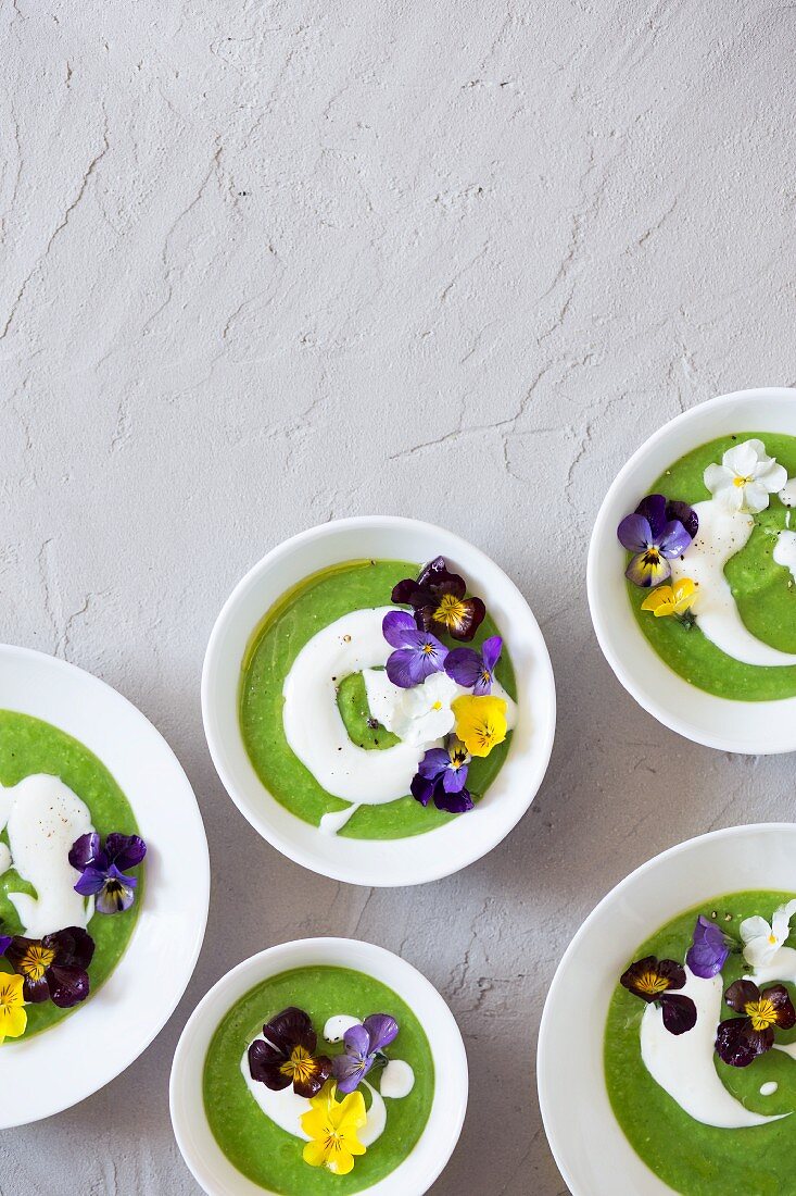 Cream of green pea soup with sour cream and edible flowers