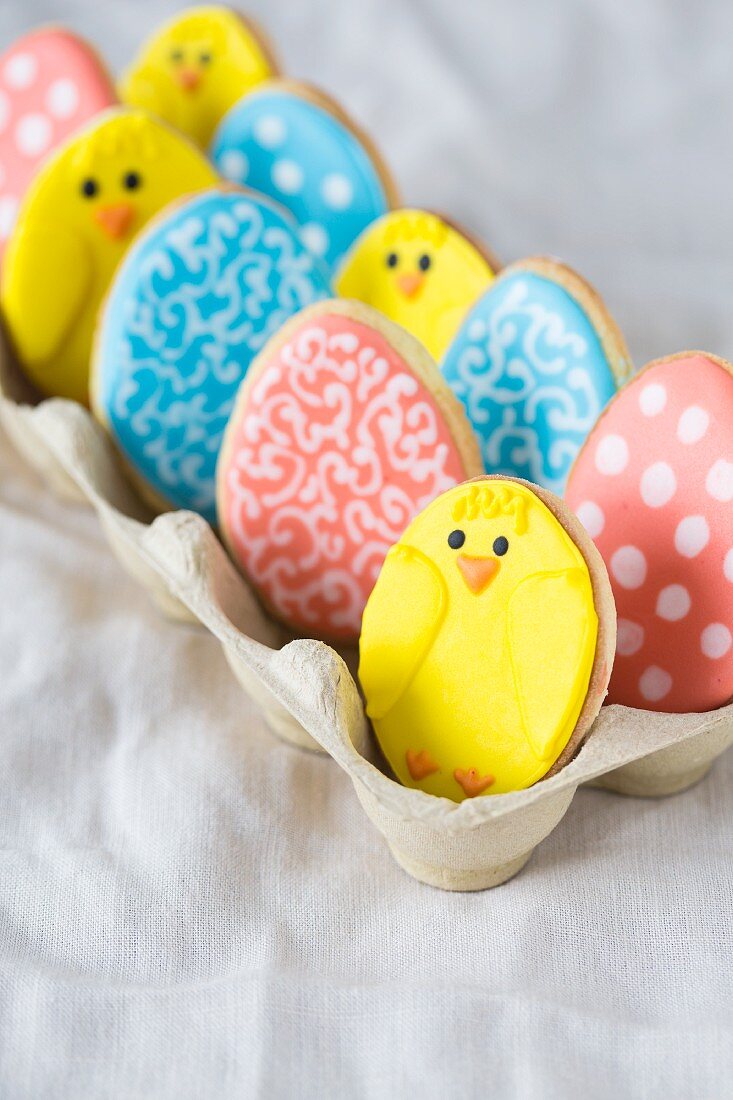 Colourful Easter biscuits in an egg box