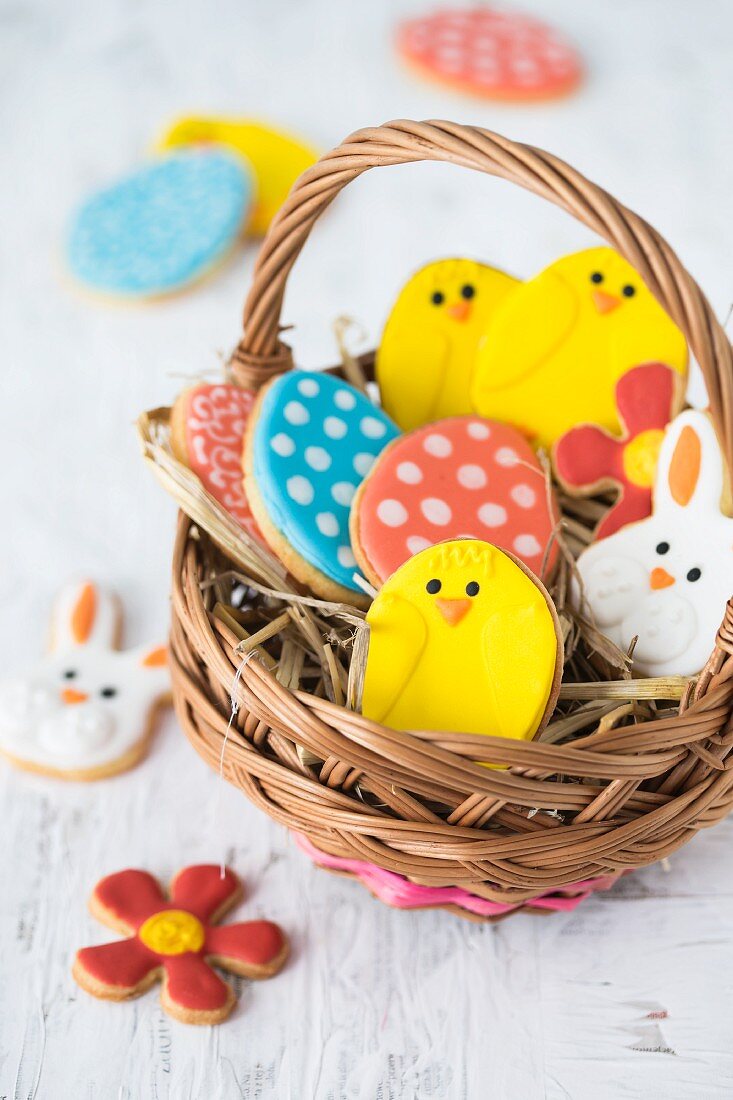 Colourful Easter biscuits in a basket