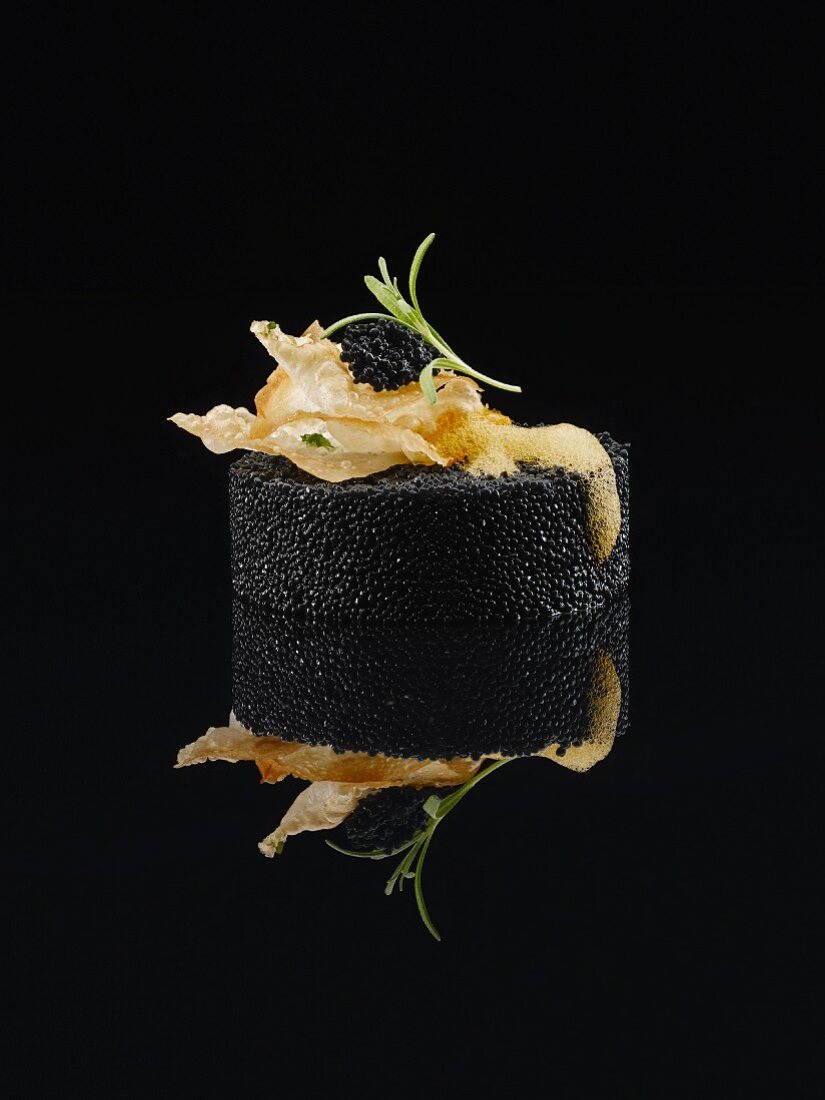 Black Food: Kaviar-Timbal mit frittiertem Teig, Schaum und Estragon auf schwarzem Untergrund mit Reflexion