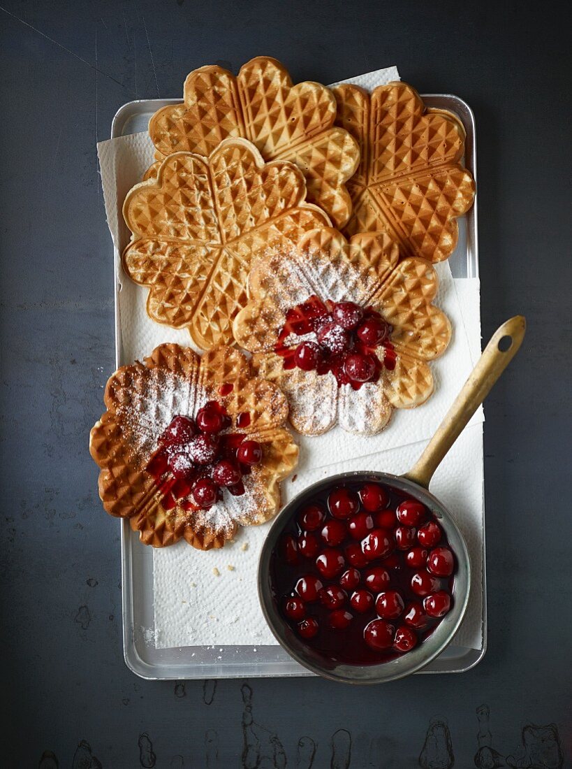 Waffles with hot cherries