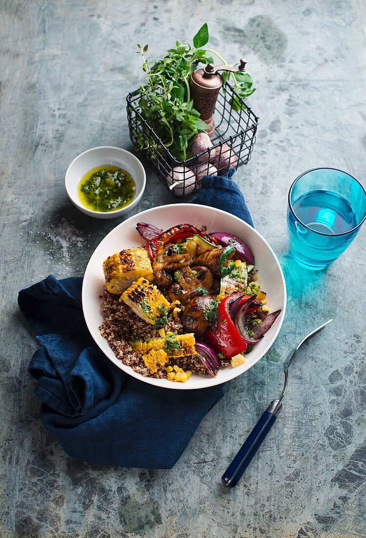 Quinoa with grilled vegetables and herb oil