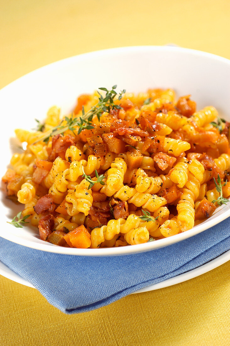 Torchietti with pumpkin and bacon