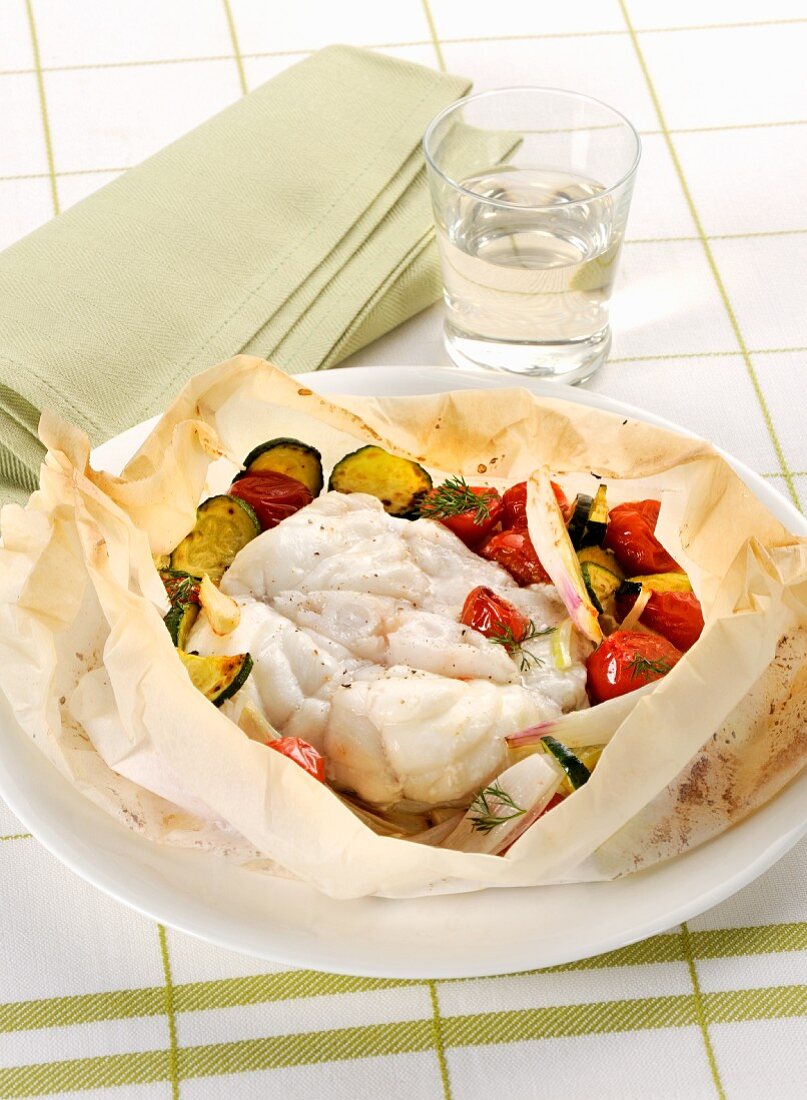 Seeteufel mit mediterranem Gemüse en papillote