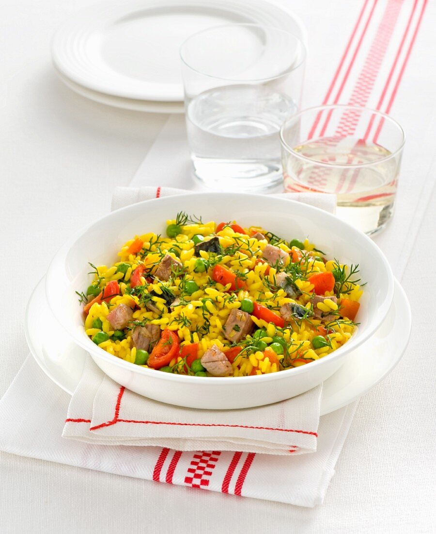 Risotto with saffron, meat and vegetables