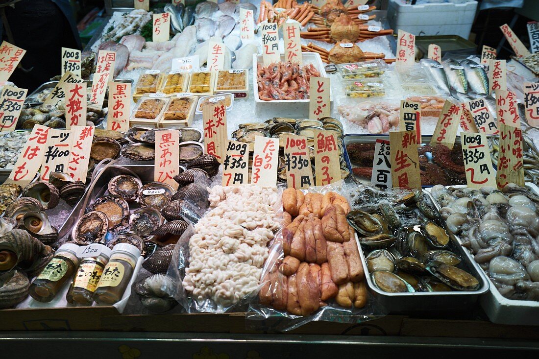 Shellfish at the Nishiki market in Kyoto, Japan