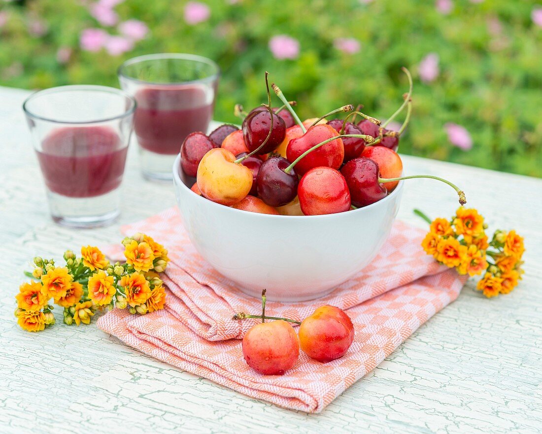 Frische Kirschen und zwei Gläser Kirschsaft auf Gartentisch