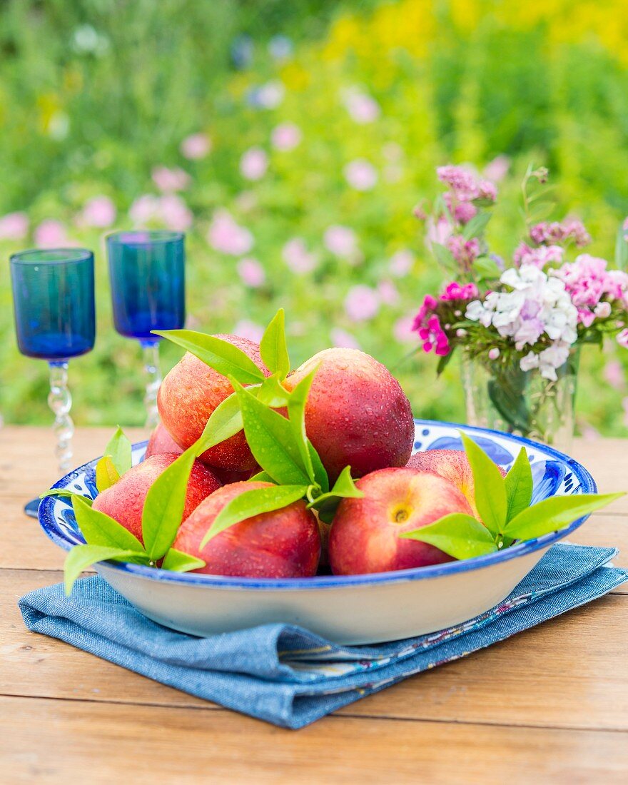 Nectarines with leaves in a bowl on a garden table