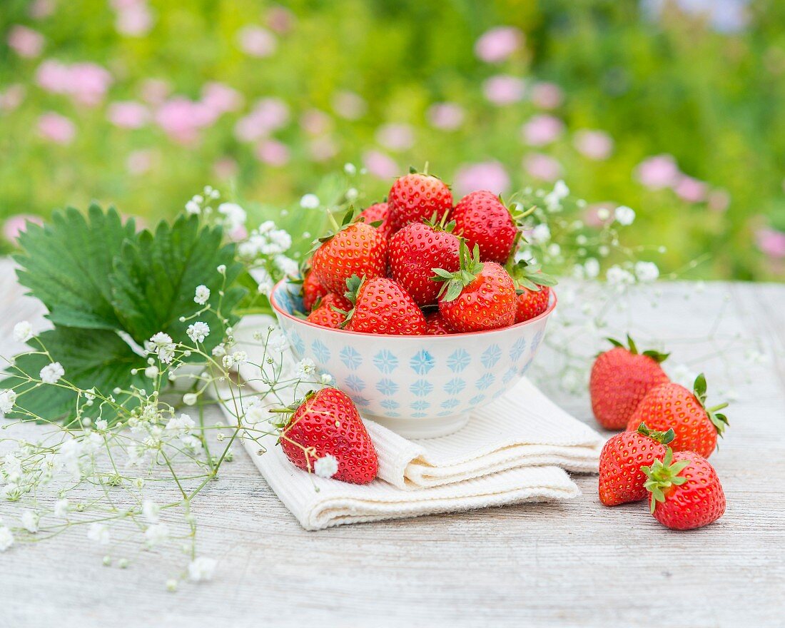 A bowl of strawberries on a garden table
