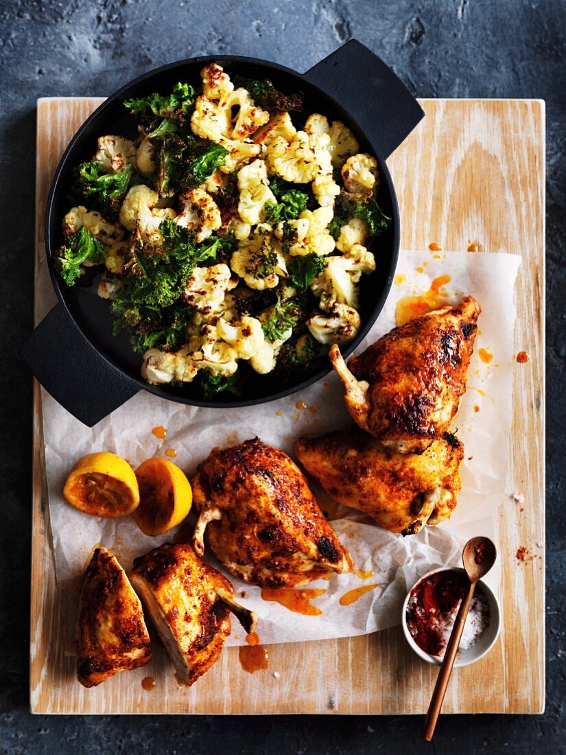 Roasted chilli chicken with cauliflower and kale