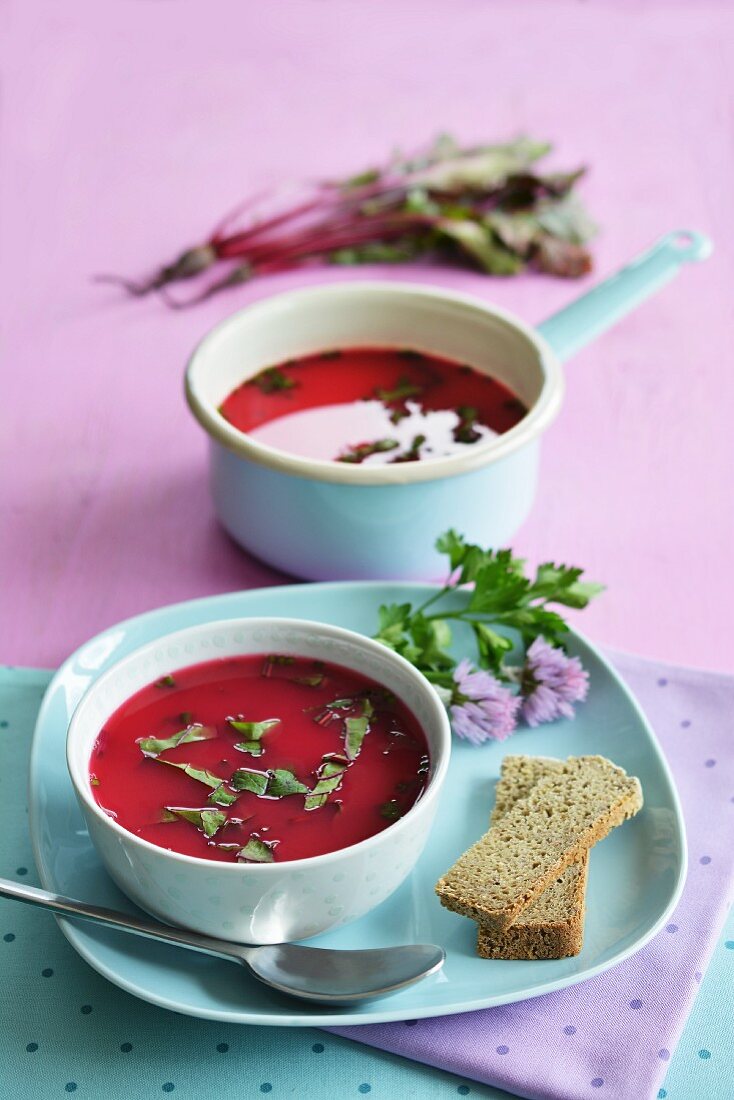 Rote-Bete-Suppe mit mit frischem Gemüse im Hintergrund