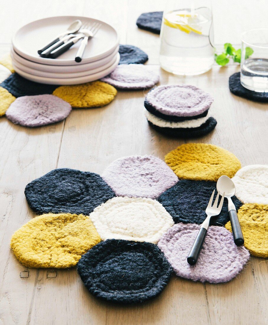 Homemade crocheted place mats made from felting wool