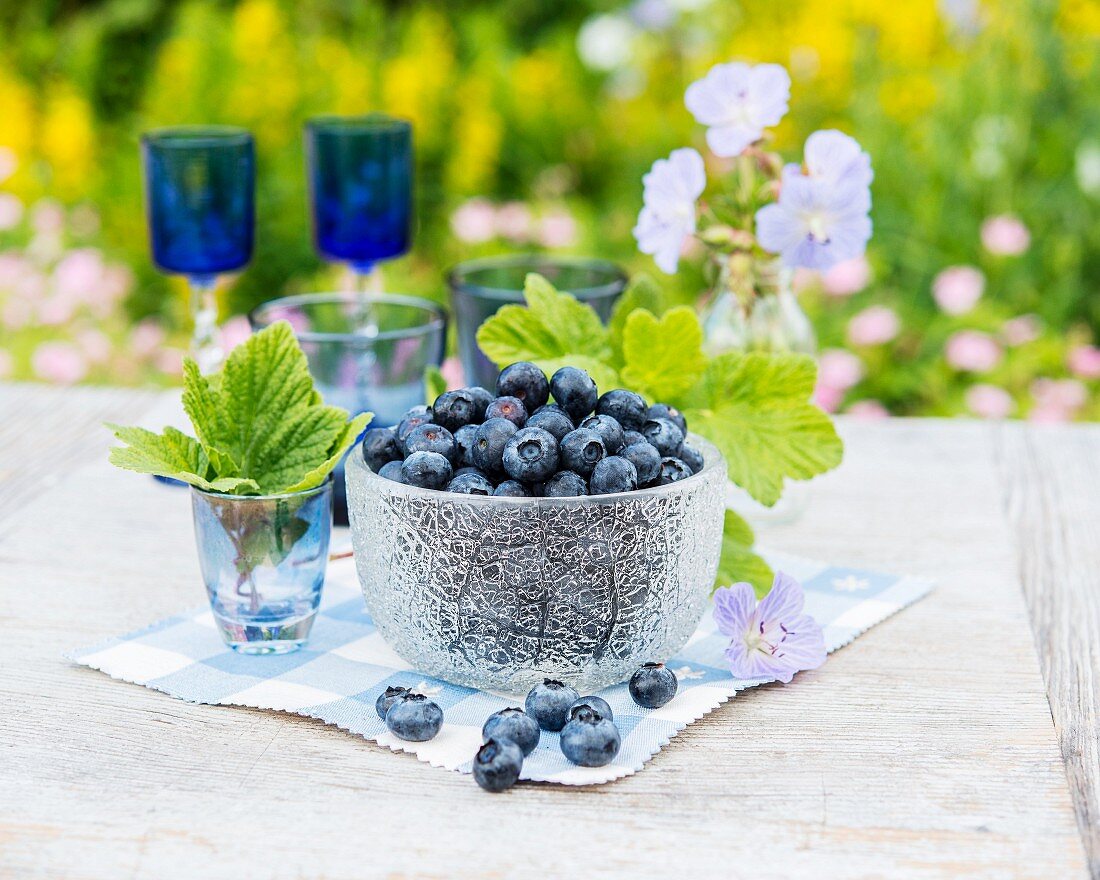 Fresh blueberries in a glass bowl on a garden table
