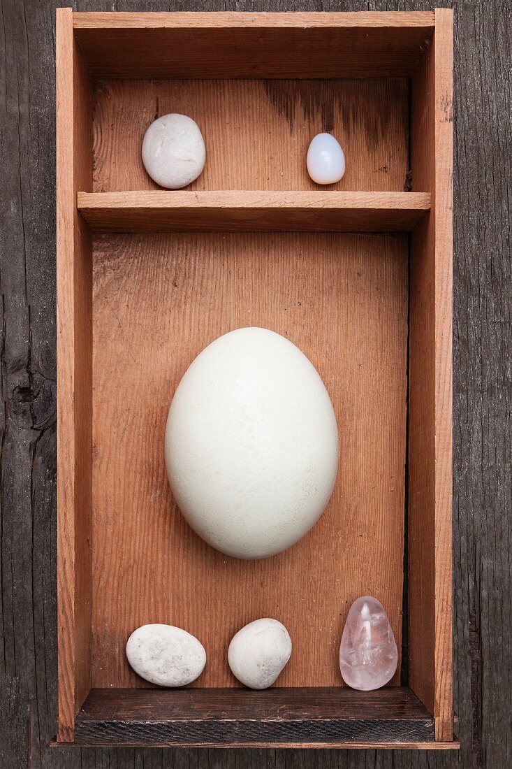 Pebbles, crystal and egg in wooden box