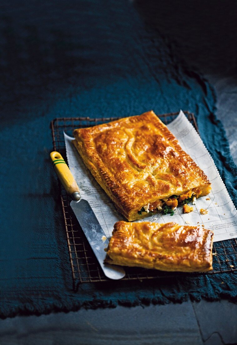 Puff pastry cake with spinach, feta cheese and butternut squash