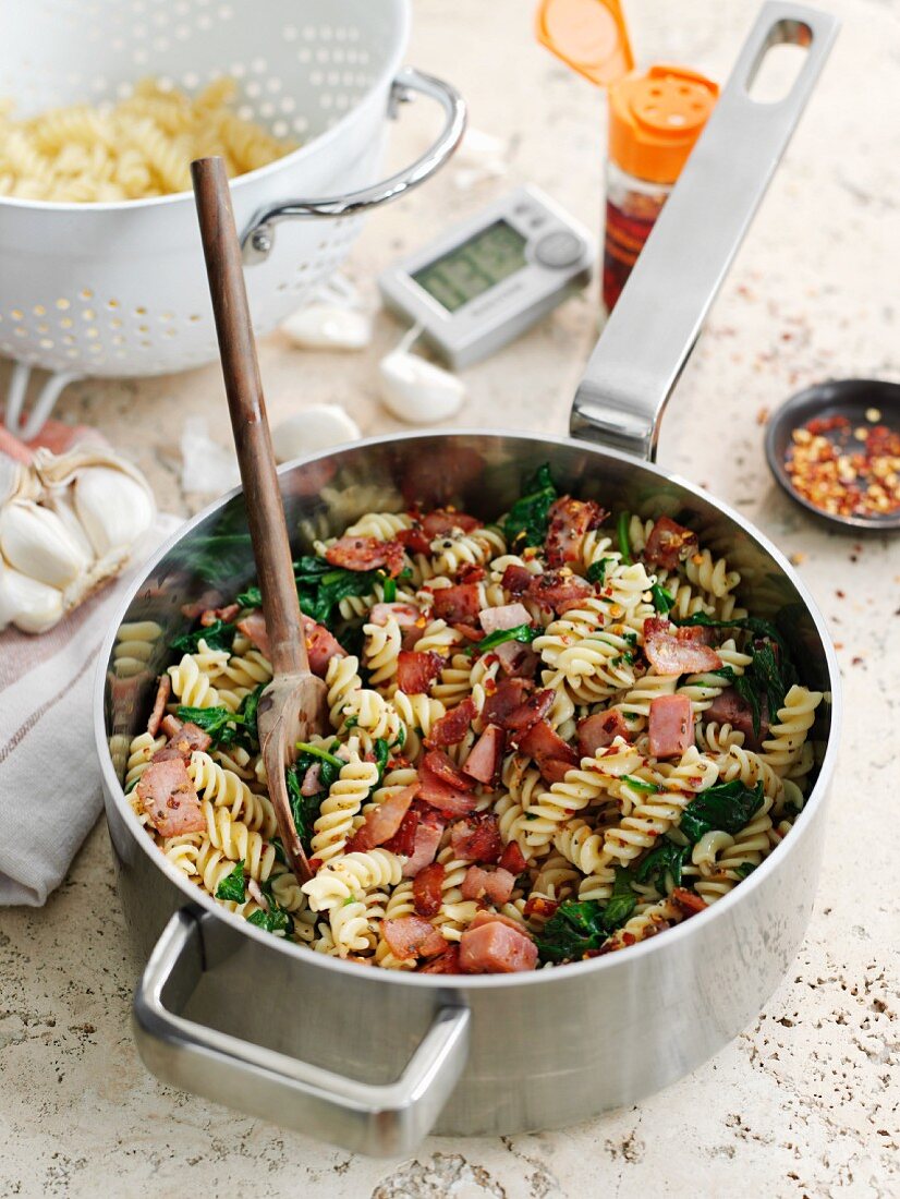 Fusilli with bacon, chilli and sage