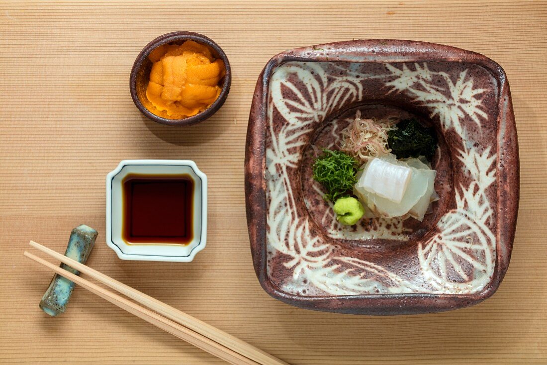 Kaiseki menu: olive flounder, Japanese halibut, hiragame and a sea urchin