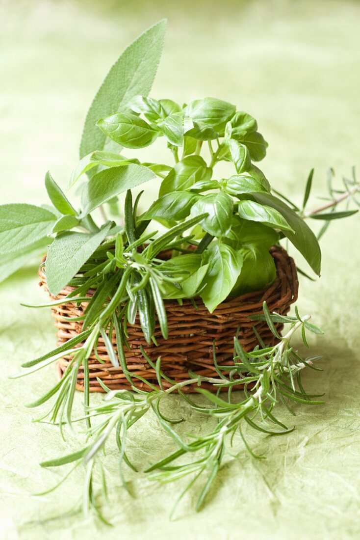Rosemary, sage and basil in a wicker basket