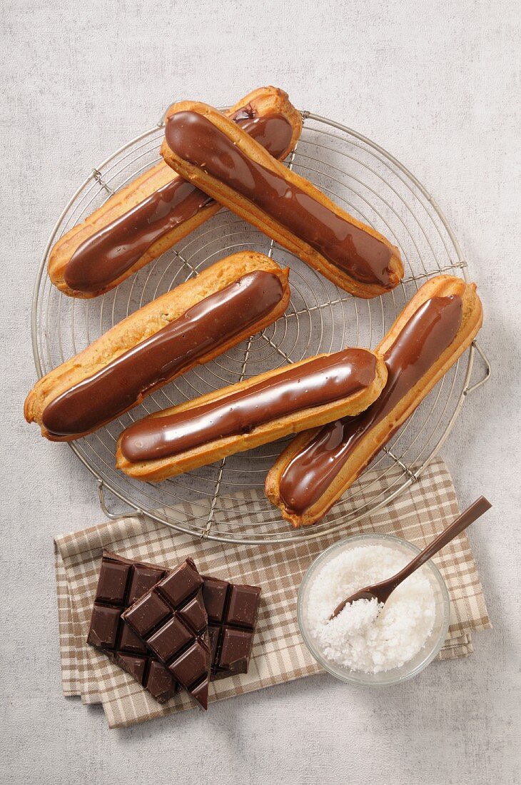 Chocolate eclairs and grated coconut