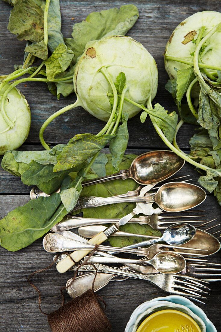 Frischer Kohlrabi neben Silberbesteck liegend (Aufsicht)