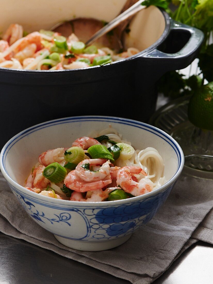 Creamy coconut stew with rice noodles, prawns and spring onions