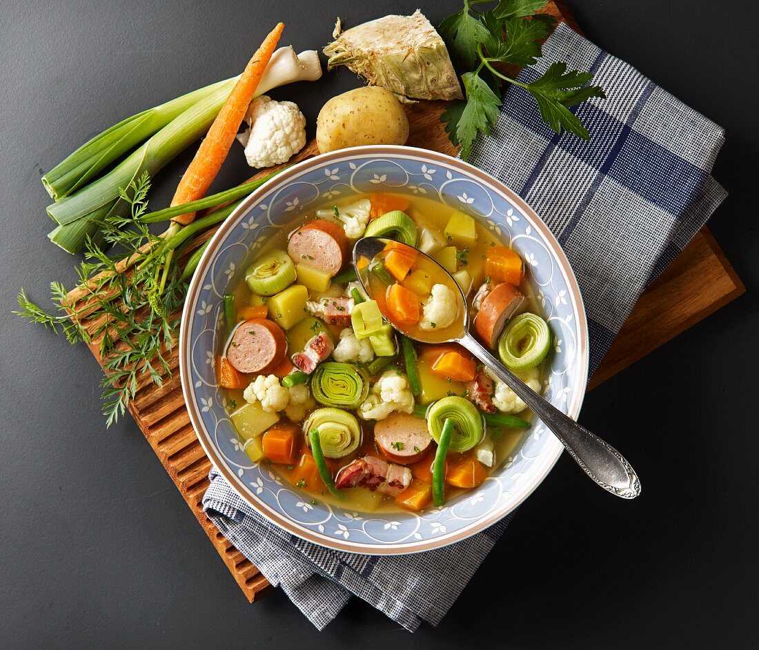 Vegetable stew with sausage and bacon (seen above)
