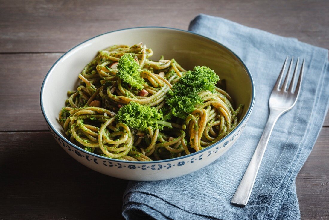 Wholemeal spelt pasta with savoy cabbage and hazelnut pesto