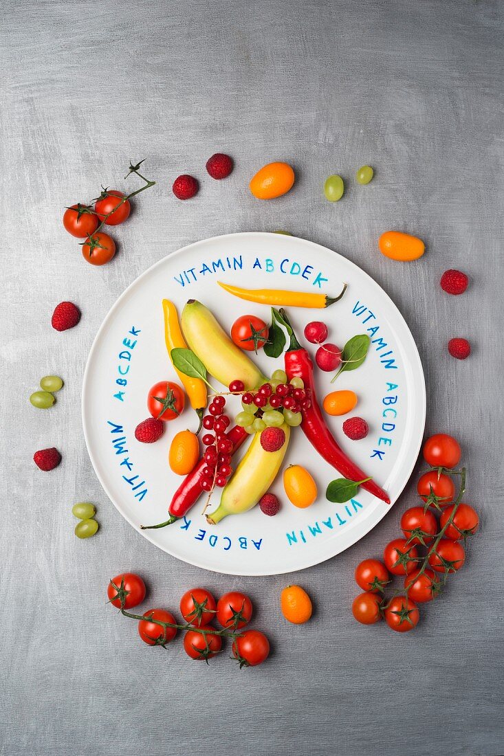 Various fruit and vegetables on a plate